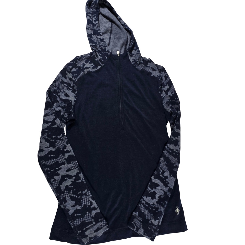 Smartwool Womens XL Navy Blue 100% Merino Wool Camo 1/4 Zip Hoodie Base Layer
